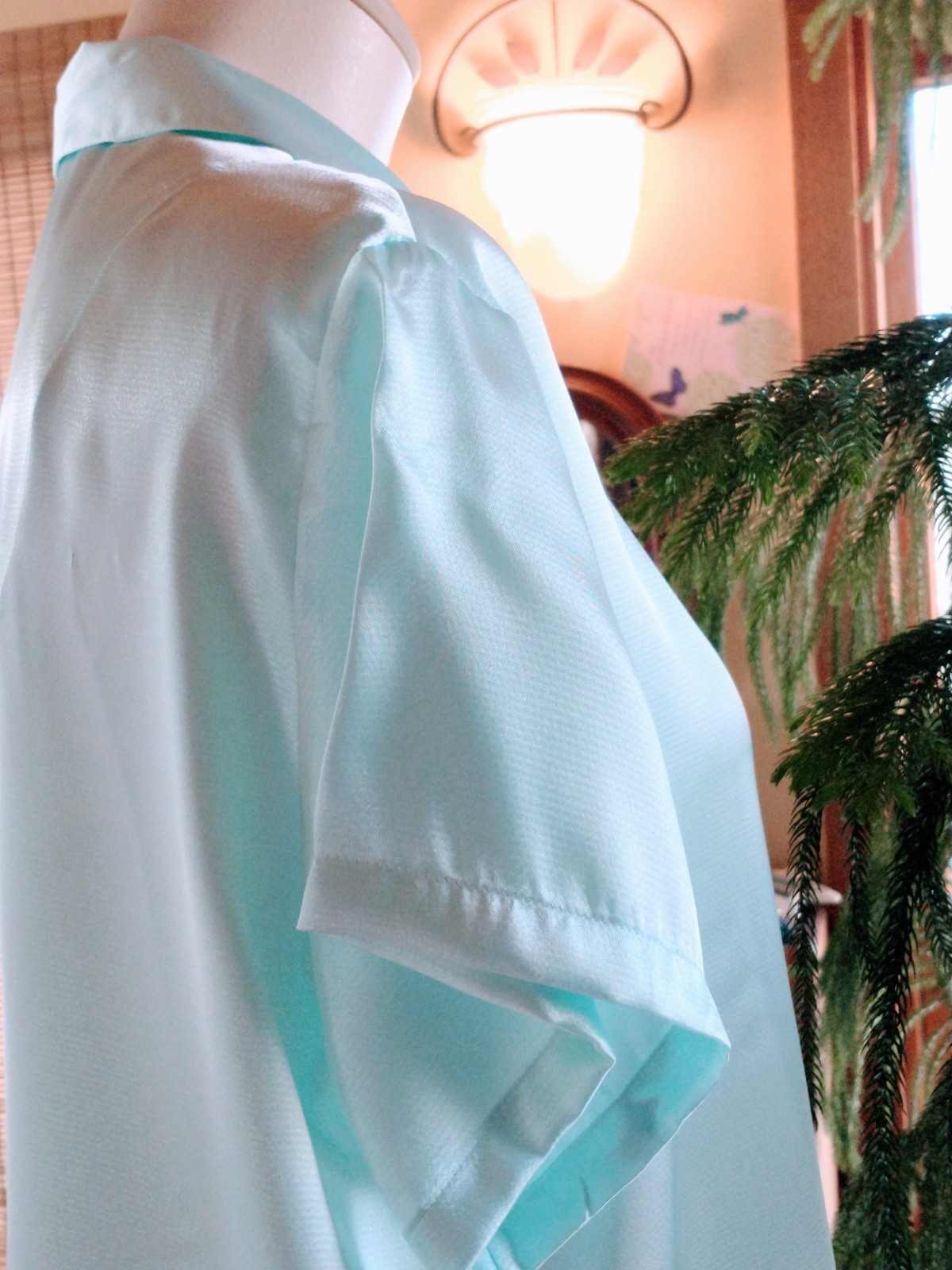 Vintage Adonna Pajama Set Pale Aqua Short Sleeve w Pocket Satin Poly Sz LG NWT