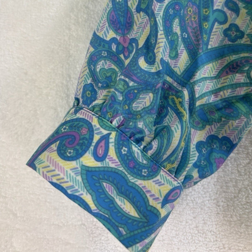 Schrader Vintage Paisley Midi Shirt Dress 8 Blue Green Pockets Button Front 80s