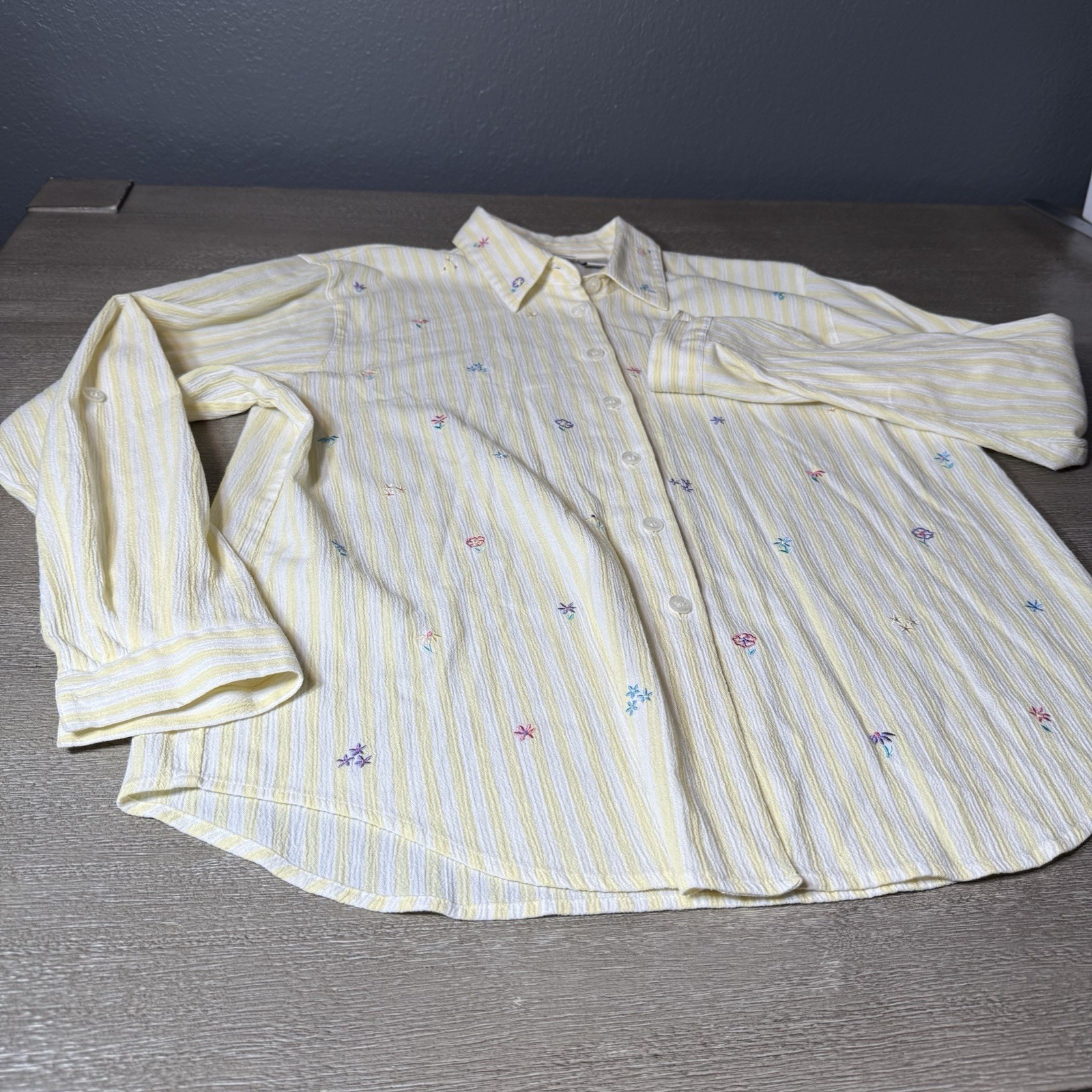 Vintage 90 KORET FRANCISCA Petite Large Yellow Strip Embordered Button Up Blouse