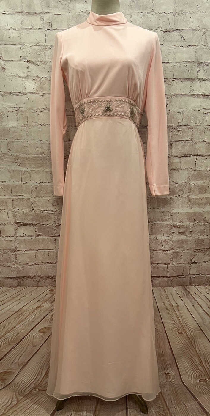 1970’s Vintage Union Made Maxi Dress *Jrs 9 Formal Prom Bridesmaid Pastel Pink