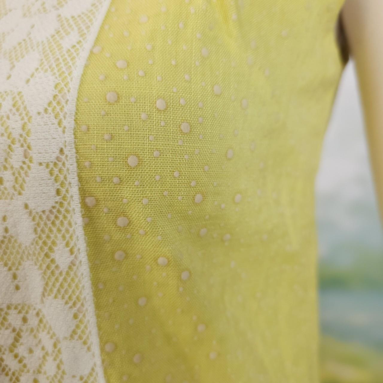 1960s Yellow Lace Trim Polka Dot Spring Dress Bow Tie Belt at Hip Sleevelss Gown