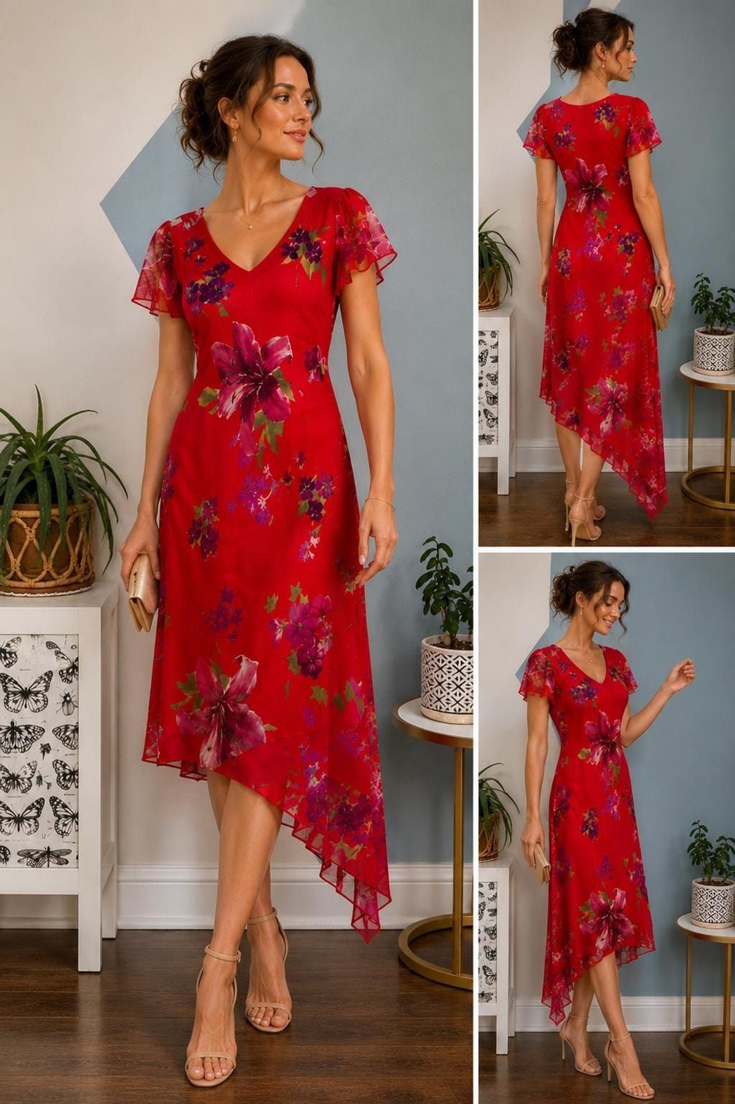 Donna Ricco Floral Chiffon Dress 8 Pink Red Lily Hanky Hem Wedding Guest Y2K