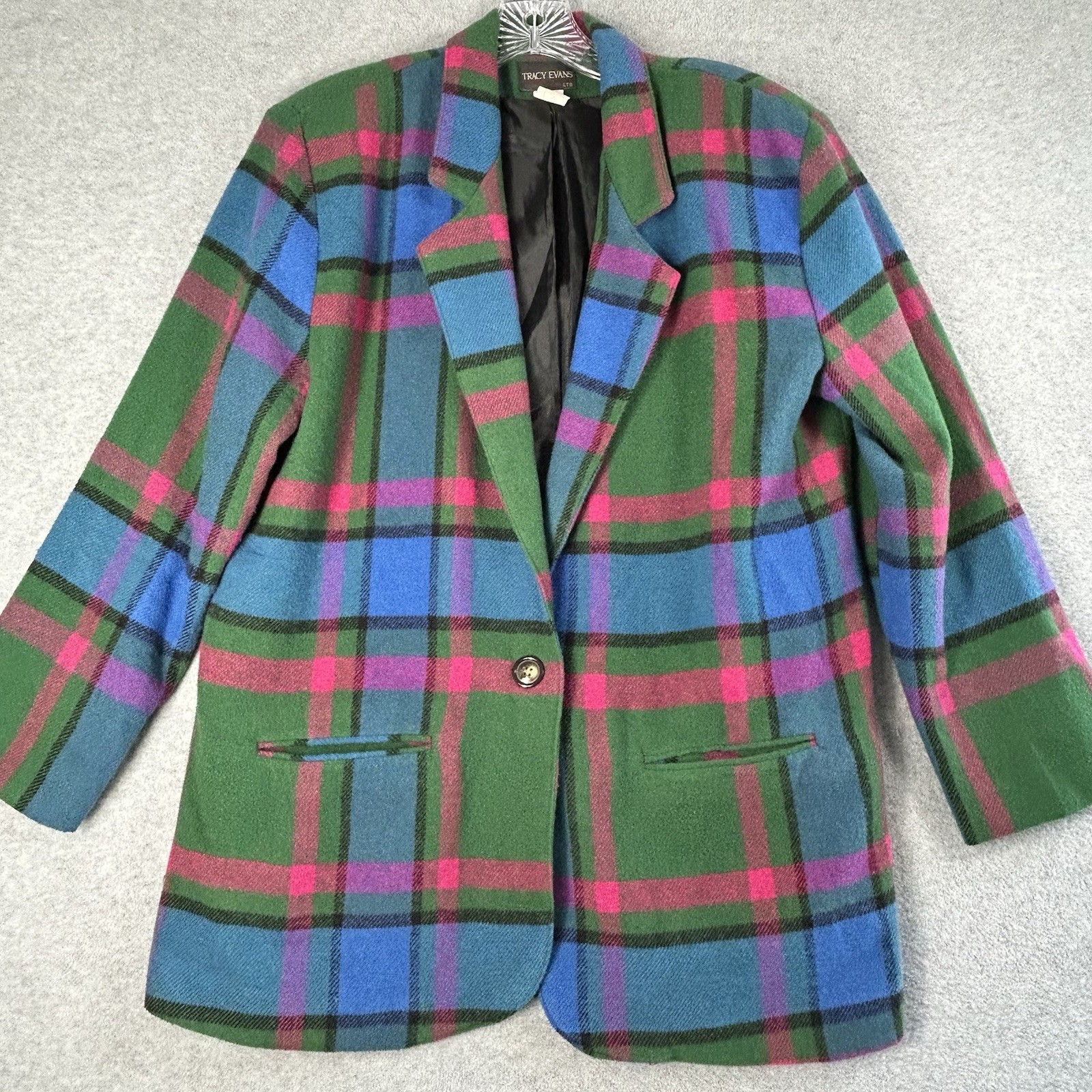 Tracy Evans Vintage Blue Green Plaid Wool Blend Blazer Jacket Sz M Shoulder Pads