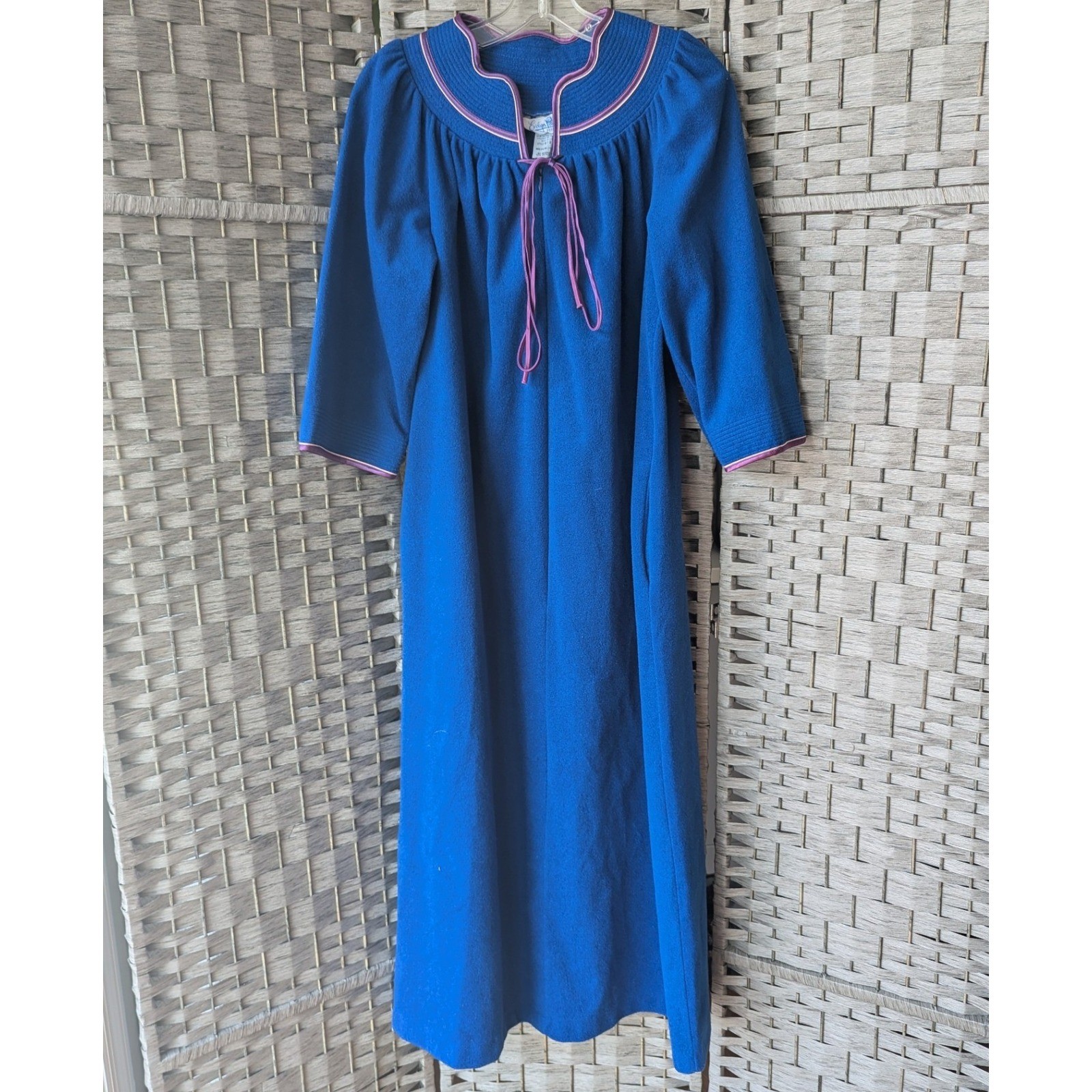 Vtg 80s Blue Dacron Poly Maxi Housecoat Hostess Dress Purple Trim USA Made Sz M