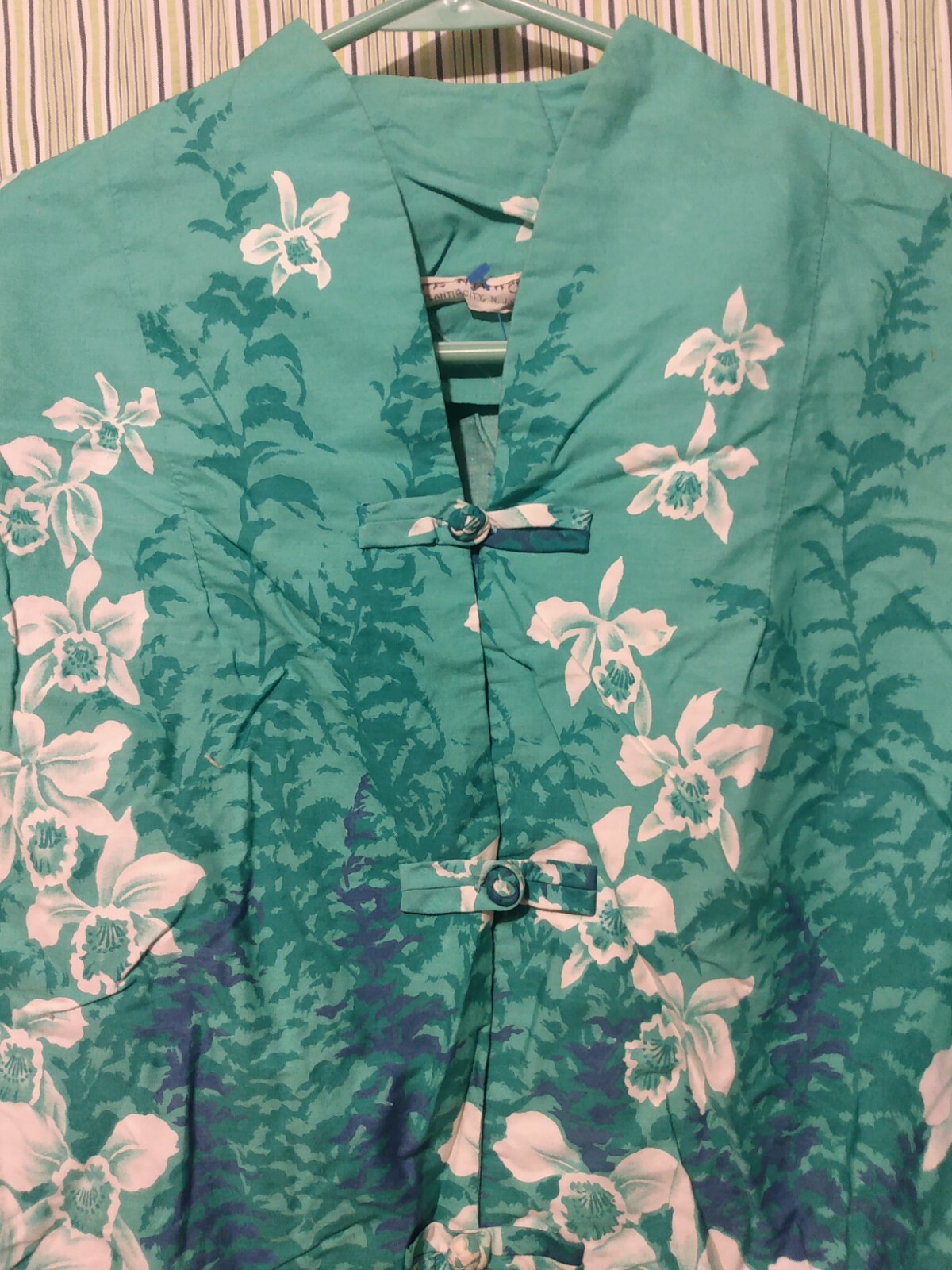 Seafoam Turquoise VINTAGE TROPICAL Print Blouse Top SMALL