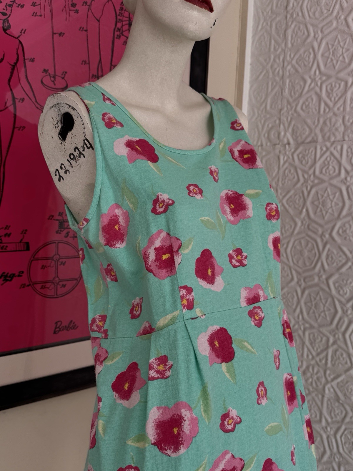 Vintage 1990s Dress Set-Knit-Floral-Spring-Cottage Green Pink-T Shirt-Tank-M