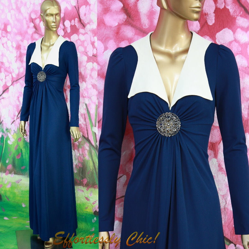 Vtg 70s Boho Hippie Ruched Maxi dress Blue Cutout Medallion CORKY CRAIG XS S/M