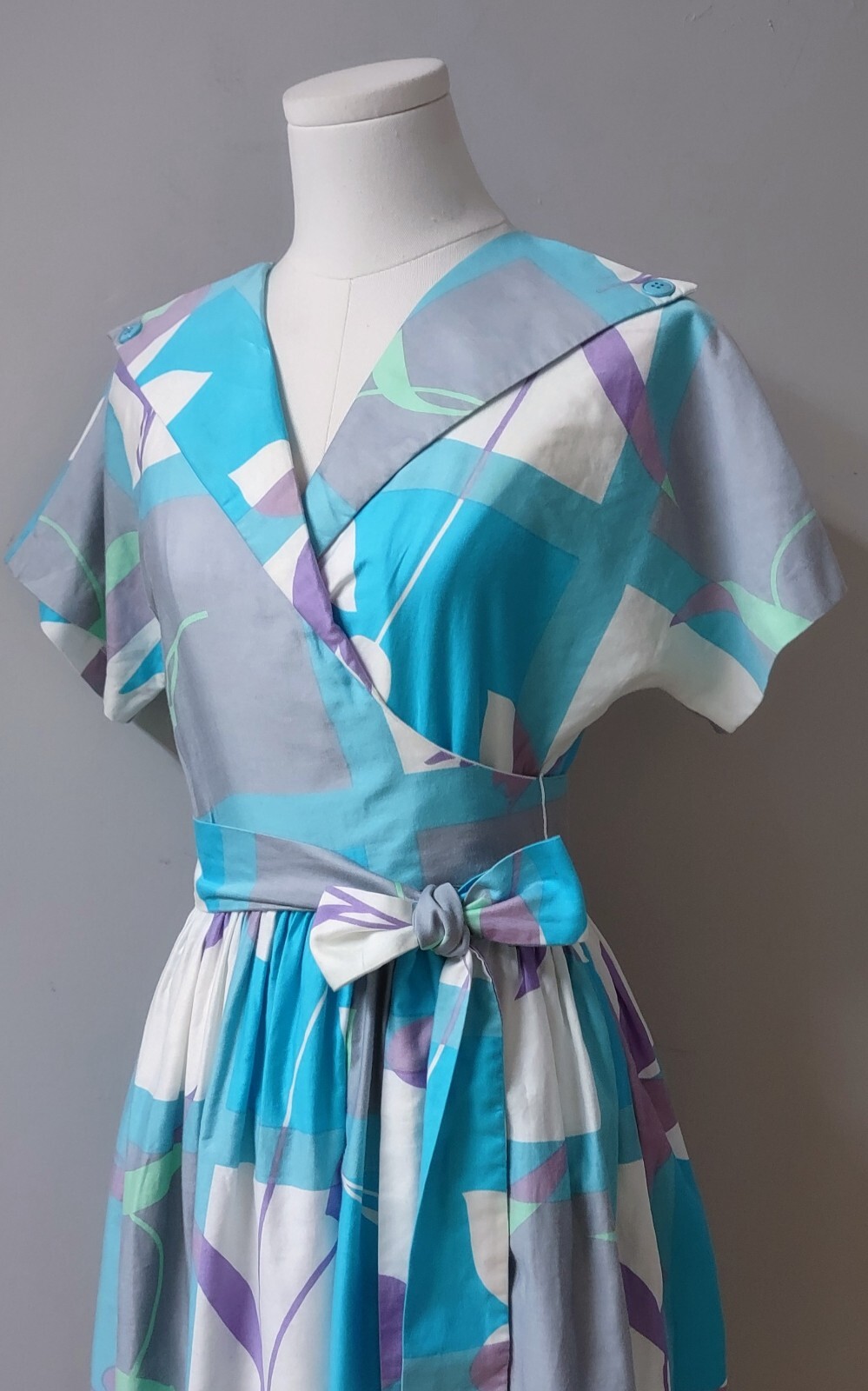 Vintage 70’s The Kollection Ltd Abstract Wrap Polished Cotton Dress Pockets 6-8