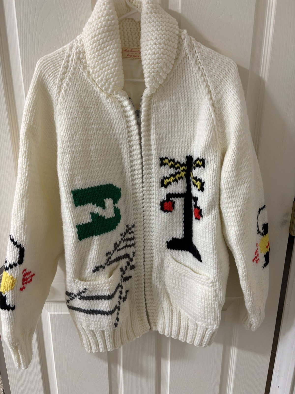 Hand crafted train theme Knit Wool Sweater Curling Stone Zip Cardigan, Size L