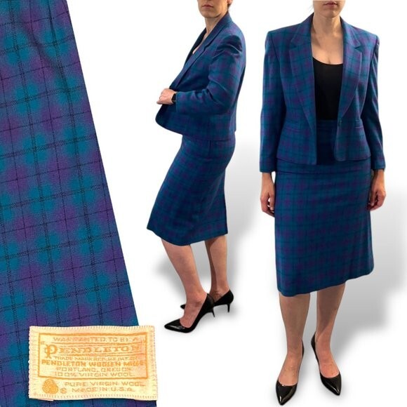 Vintage 80s Pendleton Plaid Skirt Suit Blazer Jacket Purple Aqua Blue Green M/L