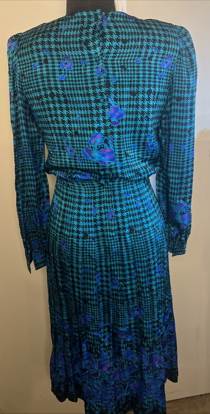 Adrianna Papell 100% Silk Size 8 Dress Pleated Teal HoundsTooth VTG 80s