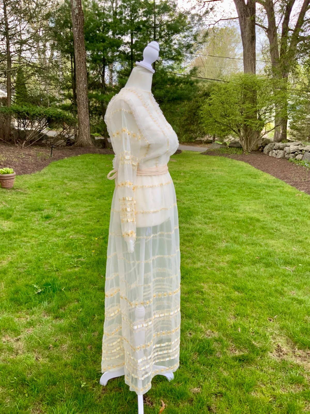 1970s Sheer Romantic Bridal Dress | Edwardian Revival Ivory with Ribbon