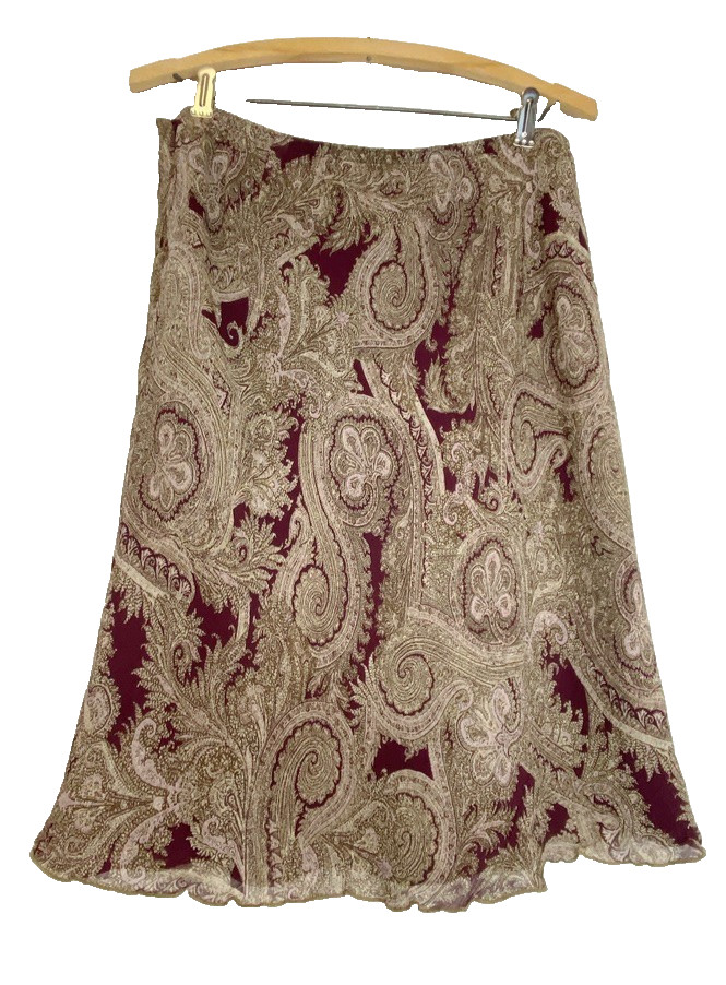 Vintage 1990s purple paisley skirt M rayon below knee low rise gray J JILL