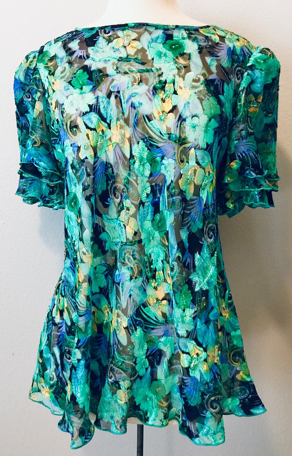VTG CATTIVA CHIFFON BLOUSE TUNIC LAYERED SLVS TEAL BLACK GOLD NORDSTROM WMS 16