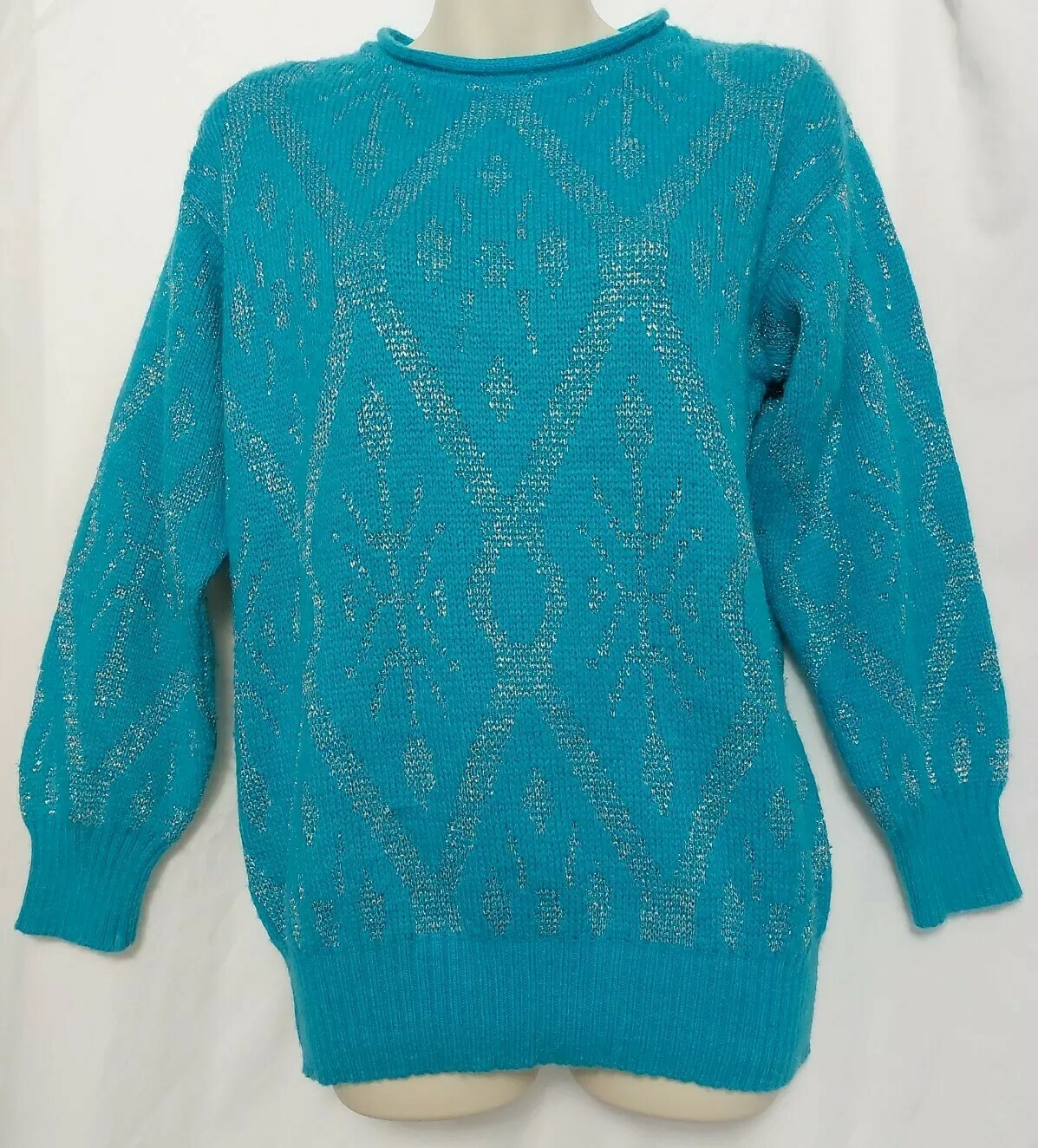 Vintage 80’s Voyager Sweater Aqua Blue w Silver Metallic Thread Acrylic Size S