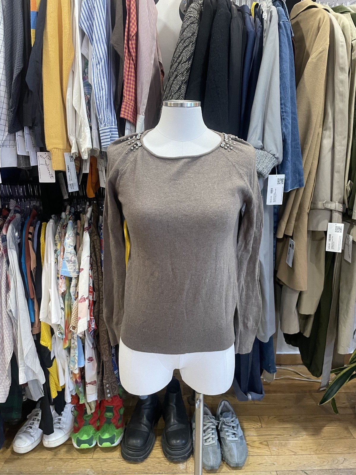 Vintage Cashmere Blend Brown Sweater with Rhinestones and Beads— Small