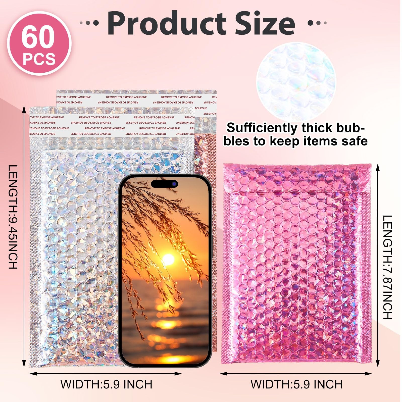 Henoyso 60 Pcs 6×9.5″ Holographic Bubble Mailers Metallic Padded Envelopes