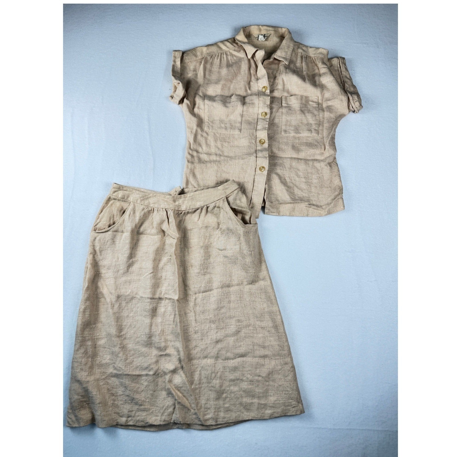 Vintage 70’s Linen Blend Neutral Two Piece Skirt Set Tan Short Sleeve Top Midi