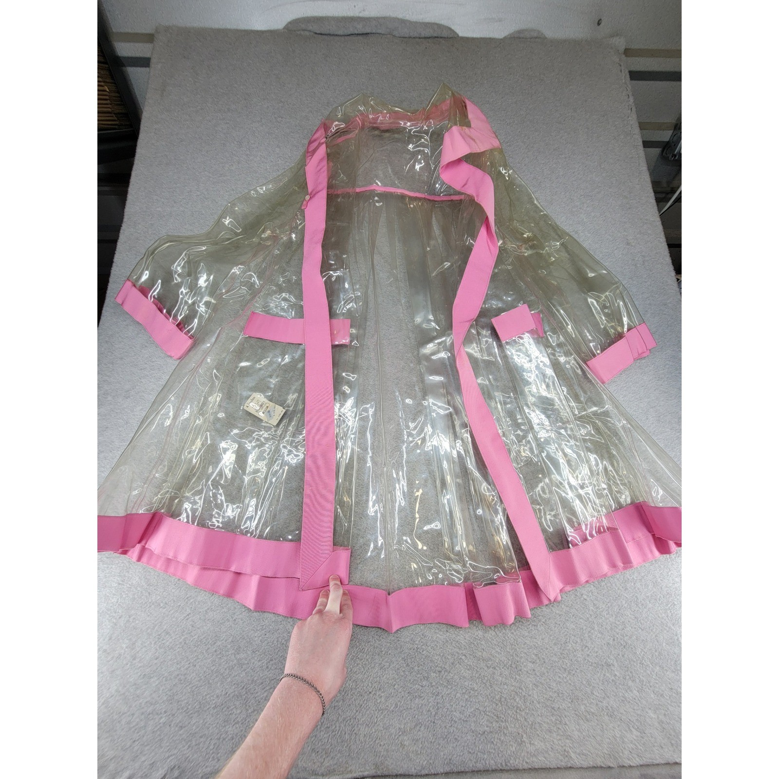 Vintage Perry Ellis Clear Vinyl Pink Trim Raincoat Neiman Marcus Medium USA