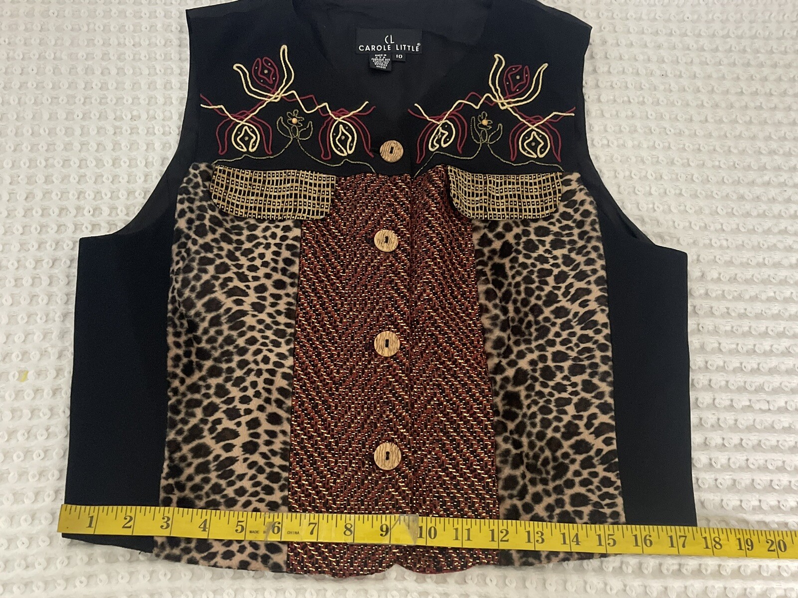 Carole Little Colorful Embroidery Animal Print Wooden Front Button Vest Sz10 VTG
