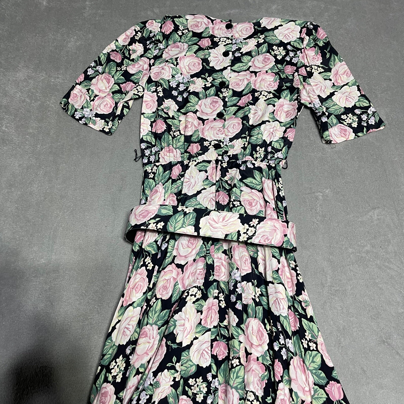 Vintage ED Michaels Dress Womens 5 6 Floral Rose Belted Modest Maxi Short Sleeve