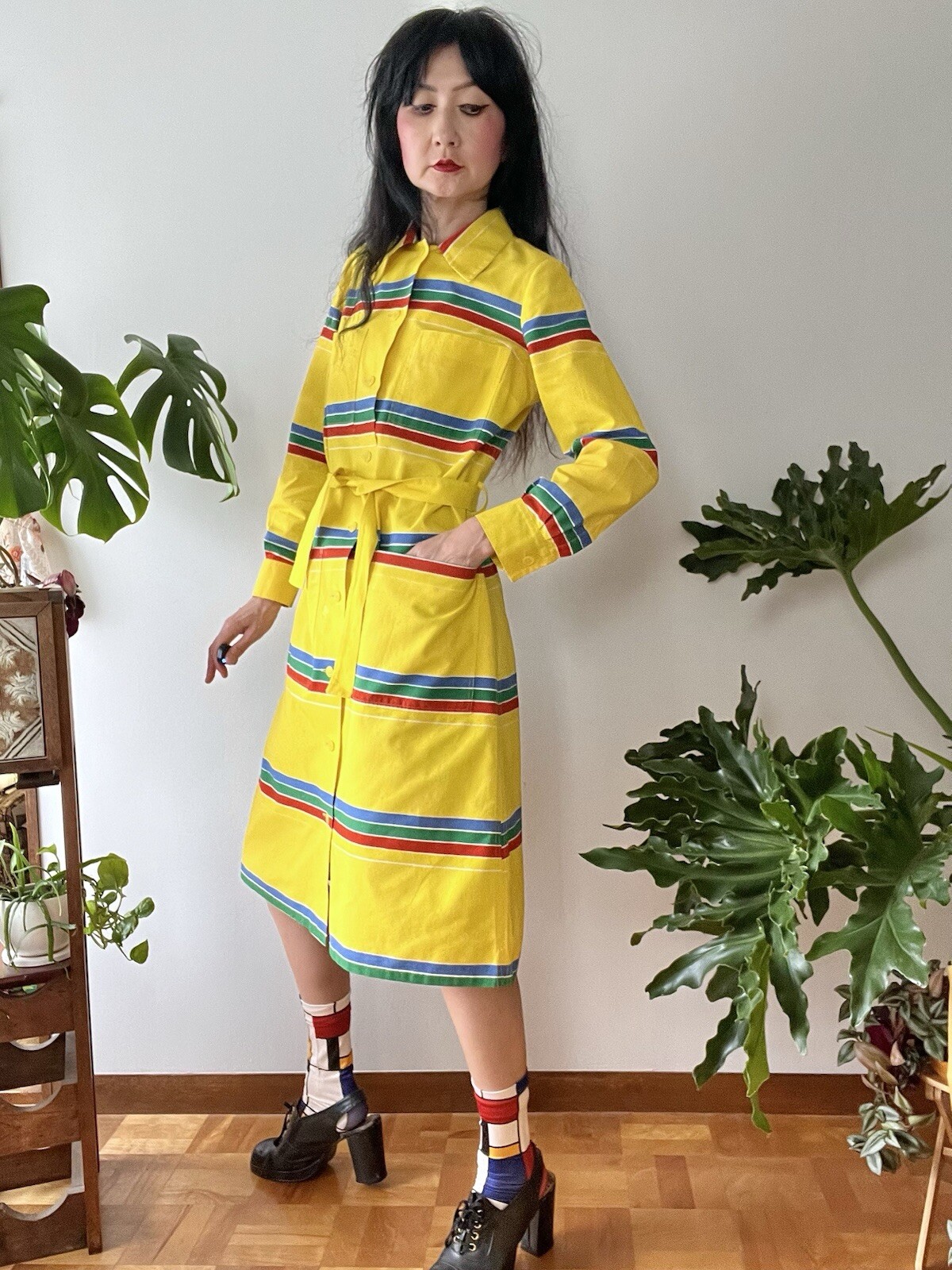 1974 Marimekko Anti by Pentti Rinta Primary Colors Stripe Dress S/M MOD Pop Art