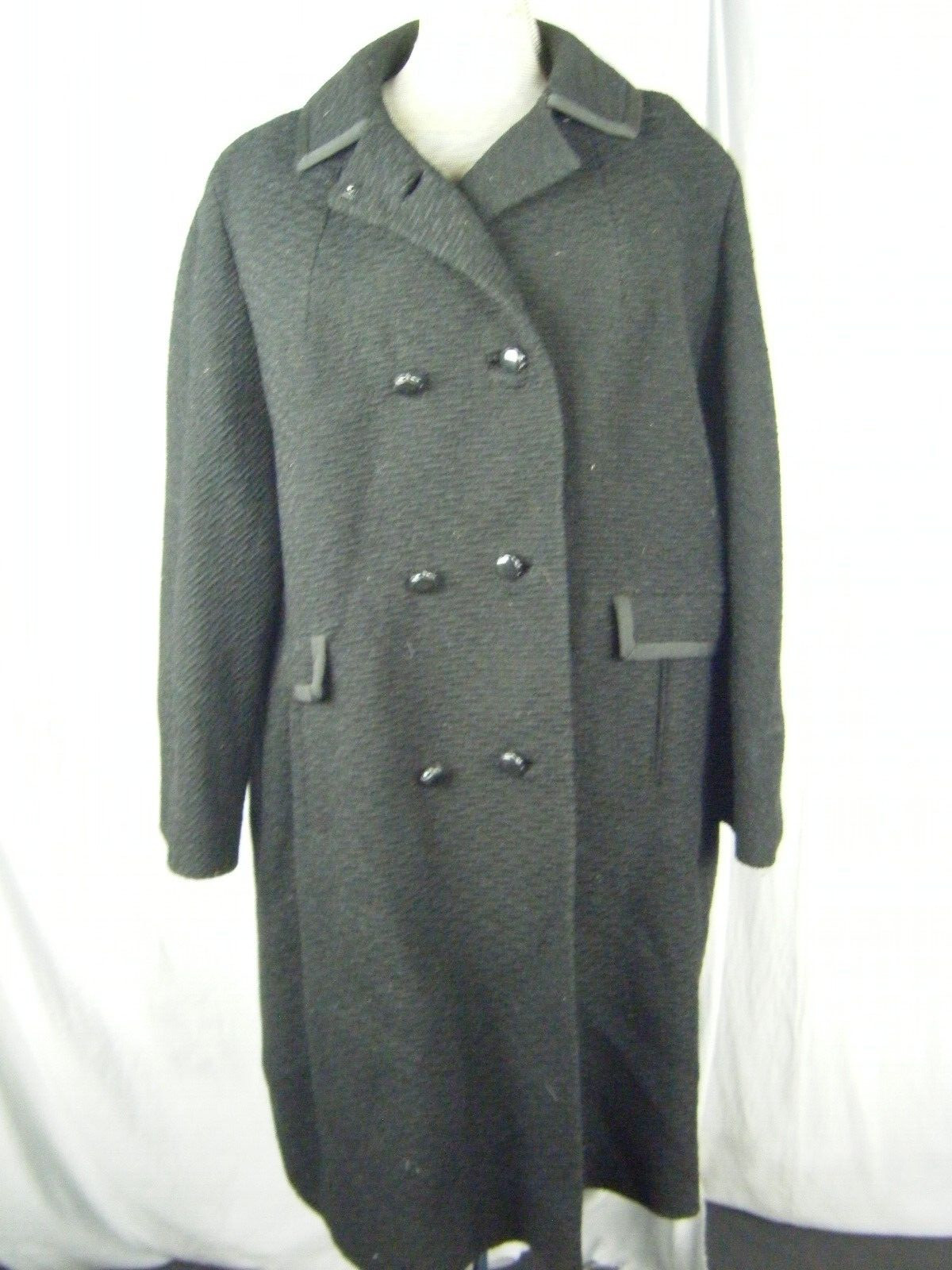 Vtg 60s Black Looped Wool Buttons Mod Coat-Bust 48/L