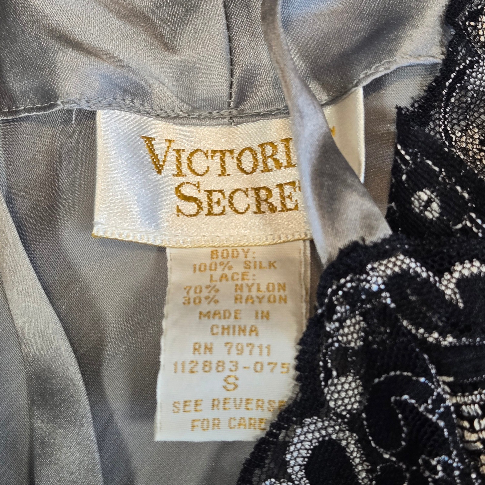 VTG 90s gray silk black lace Victorias Secret slip dress lingerie / gold label