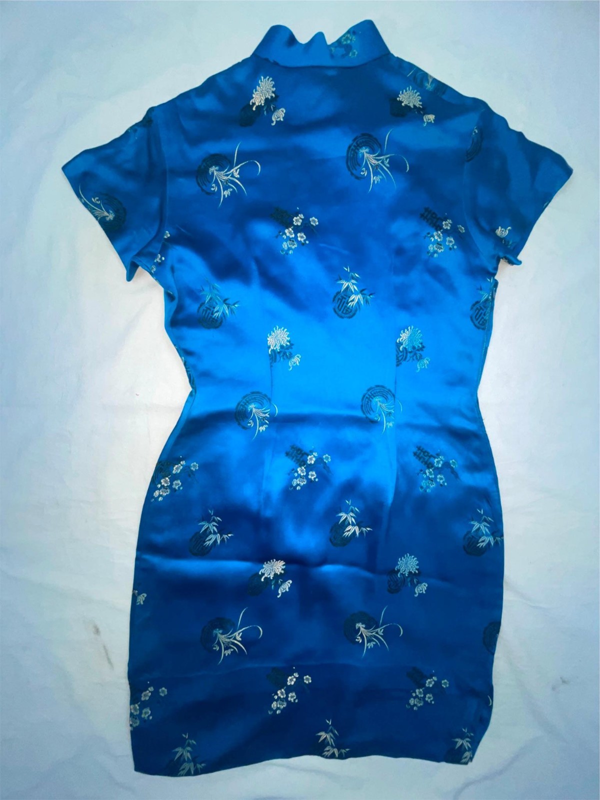 VTG 60S WOMENS S BLUE ASIAN ORIENTAL SHORT MINI SATIN SILK QIPAO CHEONGSAM DRESS