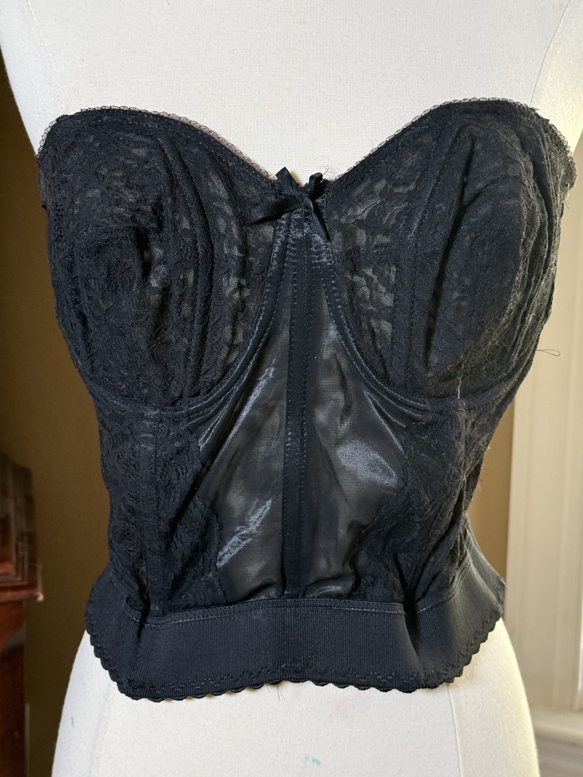 VTG Long Line Bullet Bra Corset Bustier Cincher Shaper 36DD Pin Up Lingerie Blk