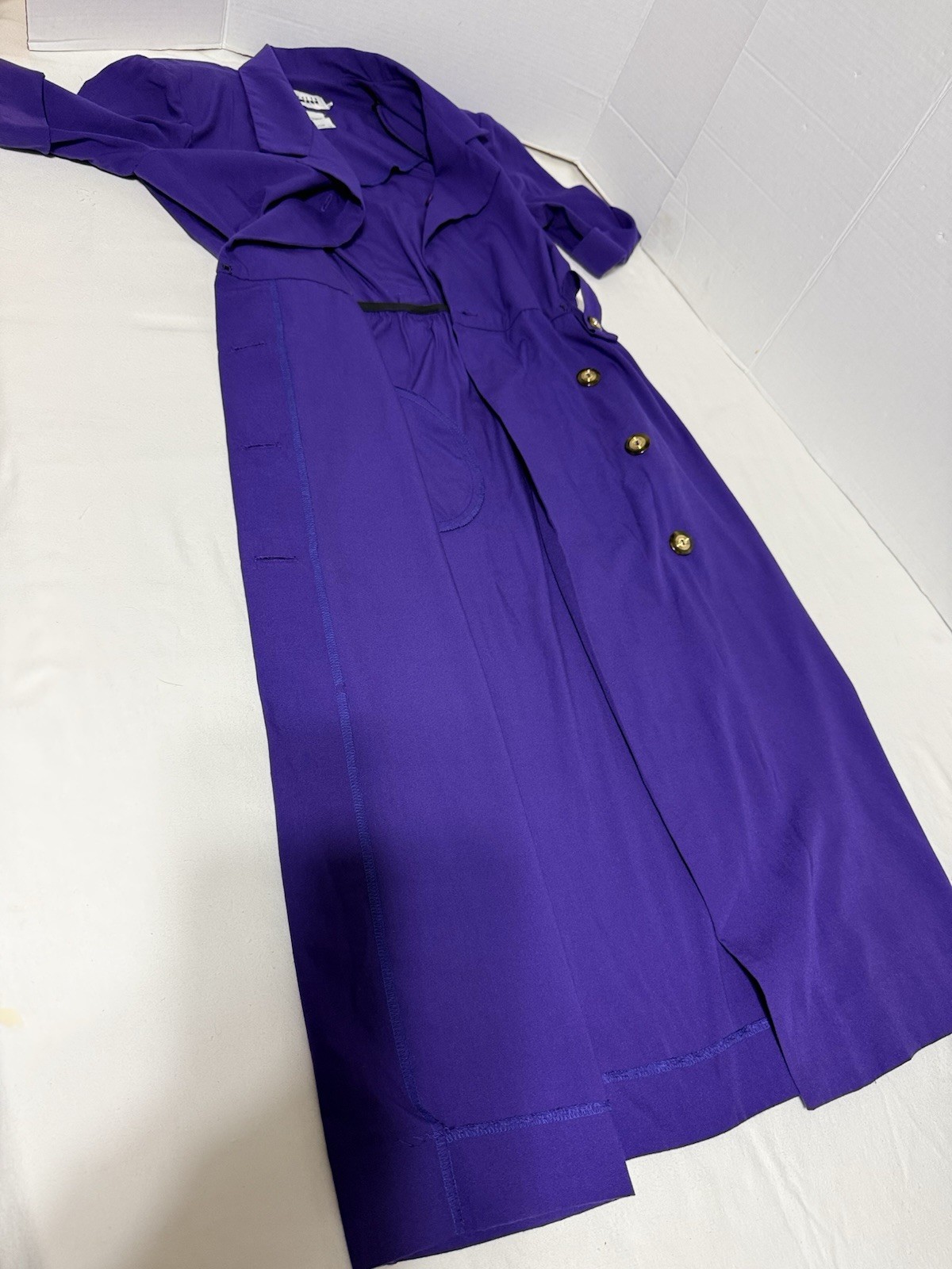 Vintage 80s Leslie Fay Purple Power Dress Gold Button Midi USA Womens 8