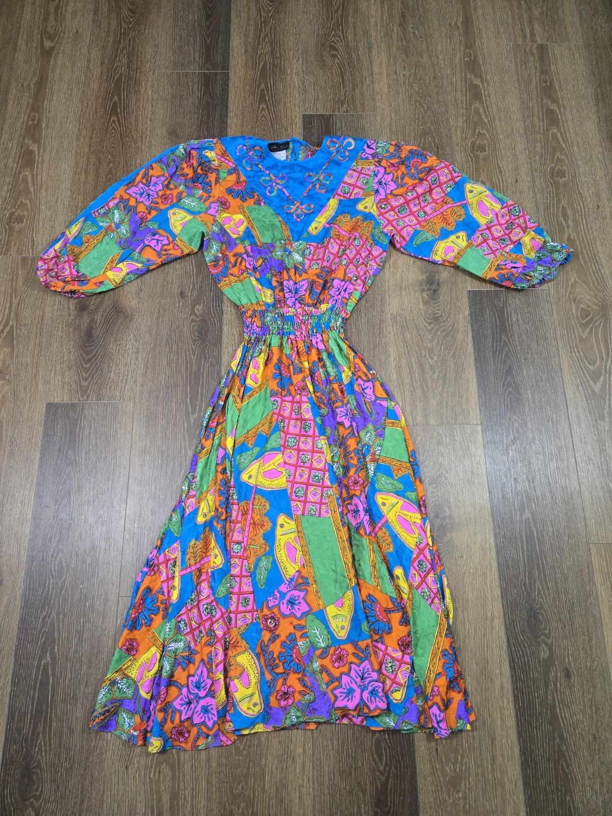 Vintage Diane Freis 80s Georgette Florals 100% Silk Elastic Waist Pleated Dress