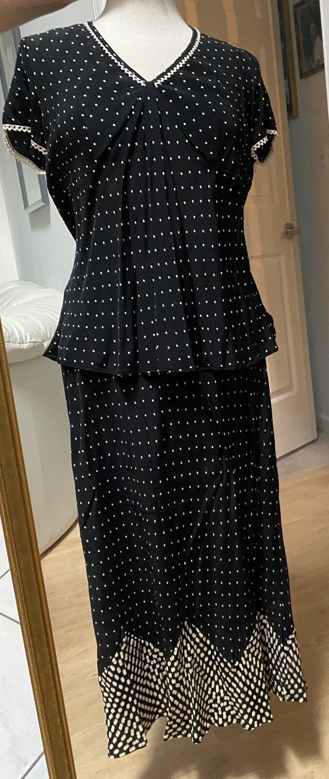 Vintage Tessuti Women L Rayon Top And Skirt Set Crocheted Polka Dots USA #289