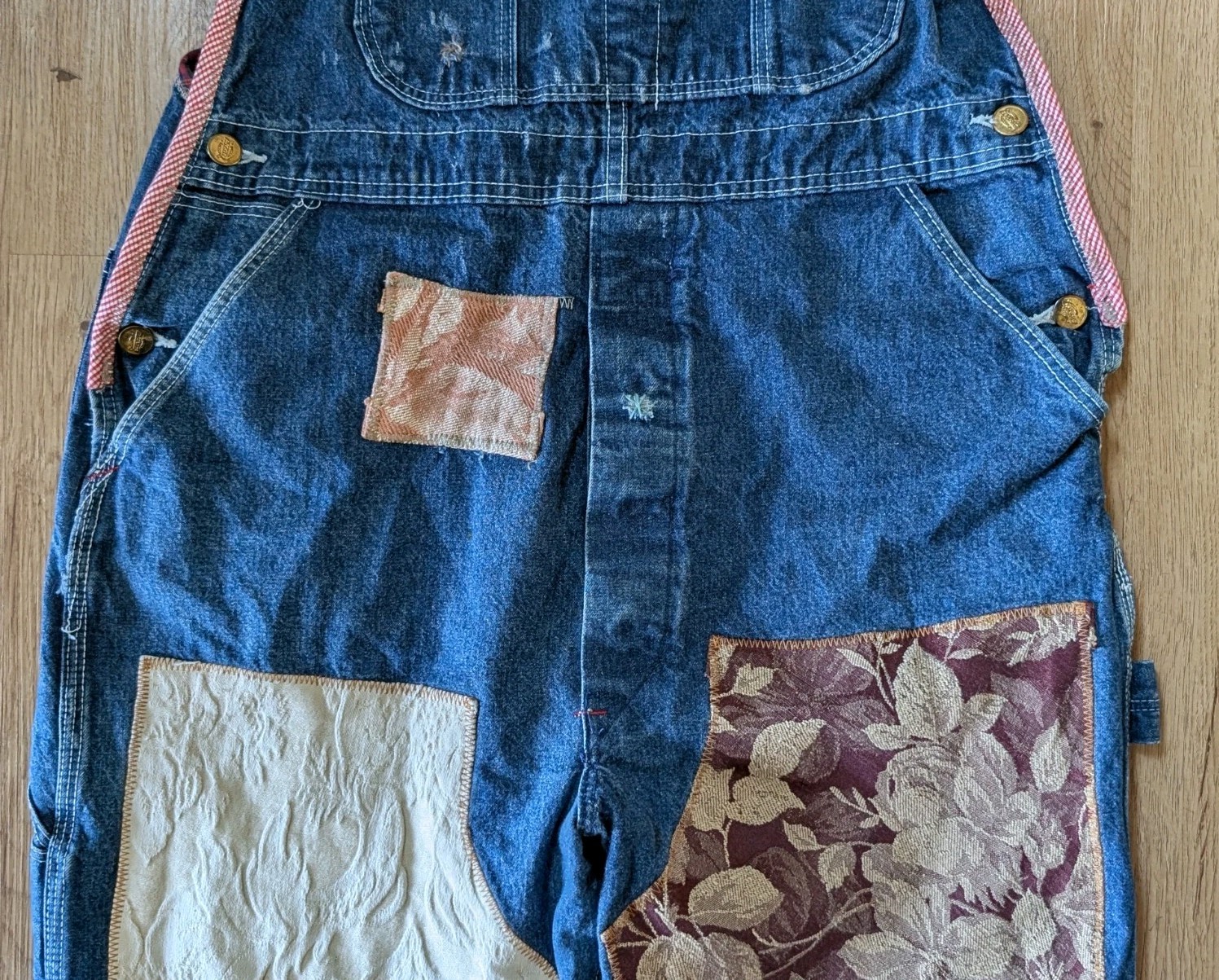 VINTAGE 1995 Crispina FFrench Handmade Artist Upcycled PATCHWORK OVERALLS 36×32