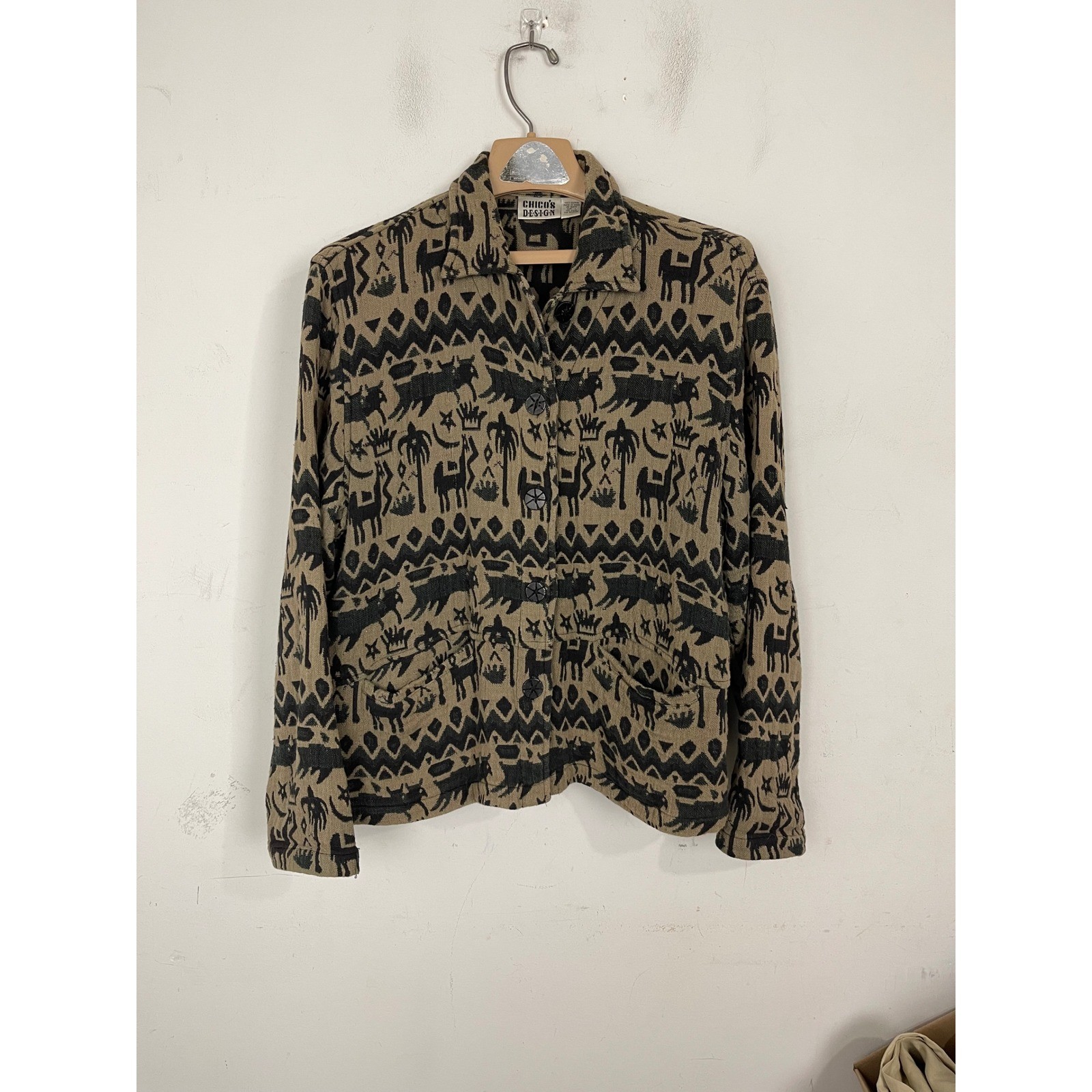 Chicos Design Vintage Cotton Novelty Print Jacket Tan Black Boho Size 1 Medium