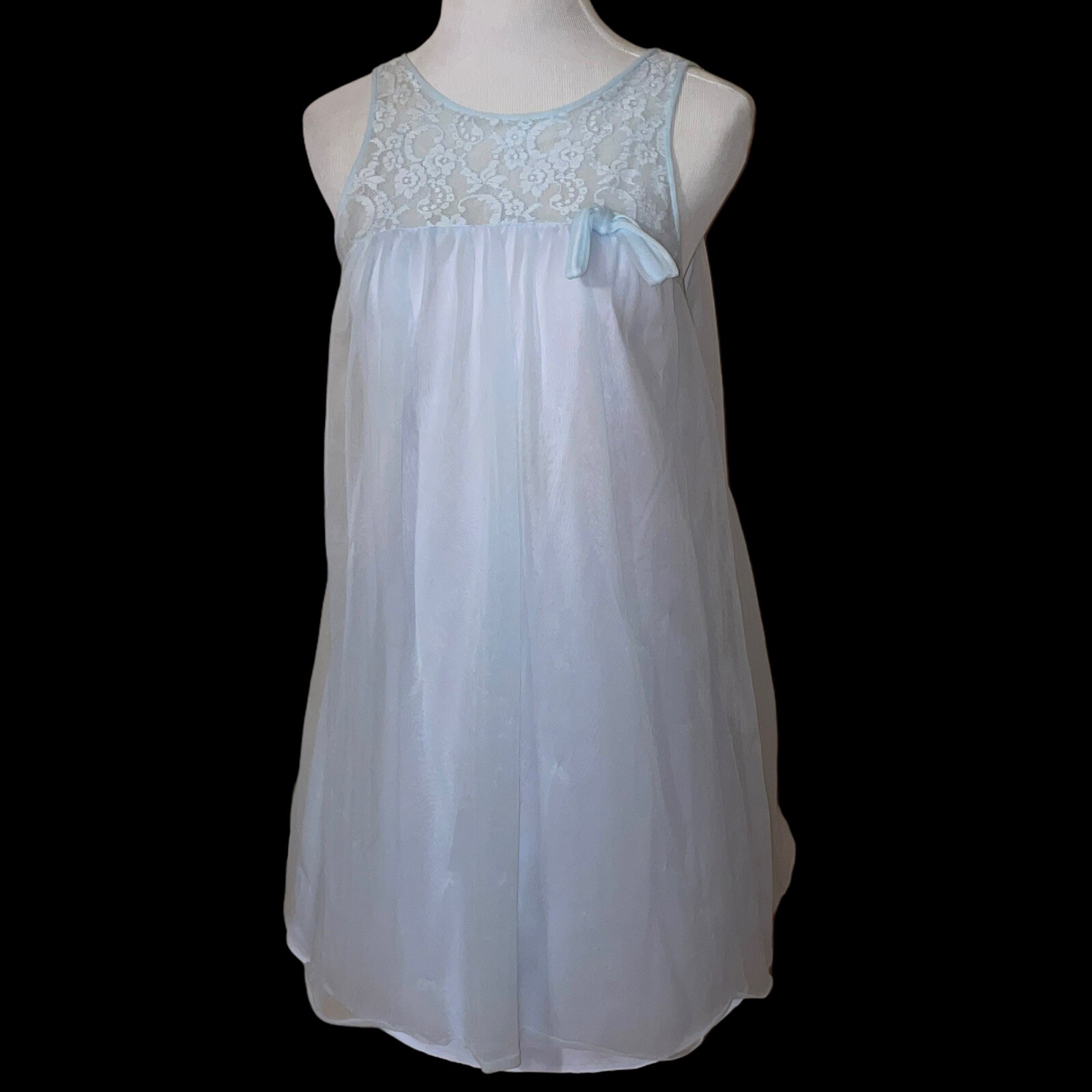 * Vintage Frothy Yolande Blue Chiffon Over Nylon Double Layer Nightgown Sz S
