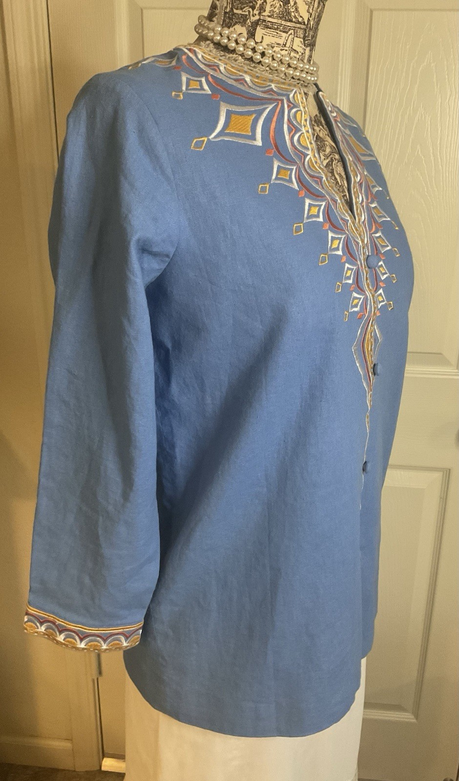 Vintage Bob Mackie Wearable Art Linen Rayon Denim Embroidered Tribal Top S