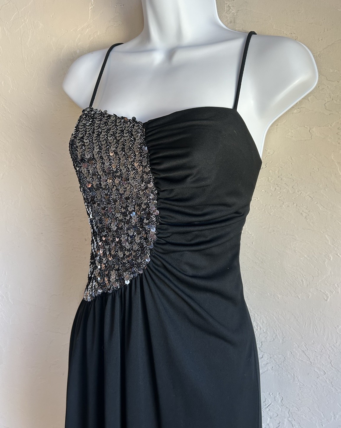 Vintage 80s Glenrob Black Sequin Asymmetrical Cocktail Dress S Studio 54 Glam
