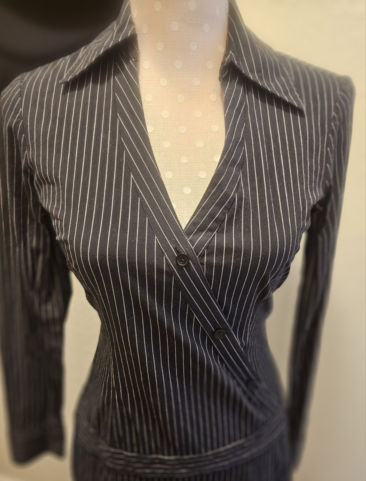 Y2K Vintage Aqua Blues Pinstripe Mini Dress Sz 5 Longsleeve Wrap dress