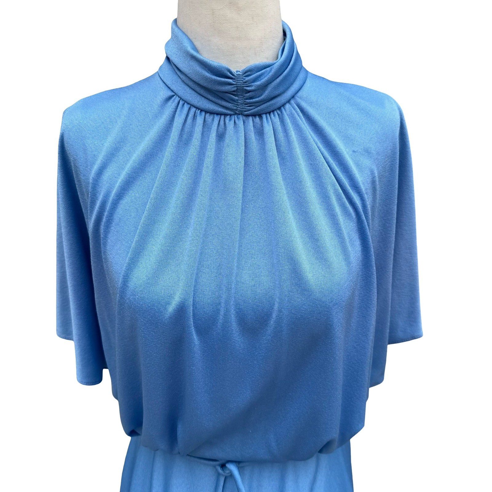 Vintage 70s Blue Mock Neck Cape Sleeve Maxi Dress Disco Gown Tie Waist Blue