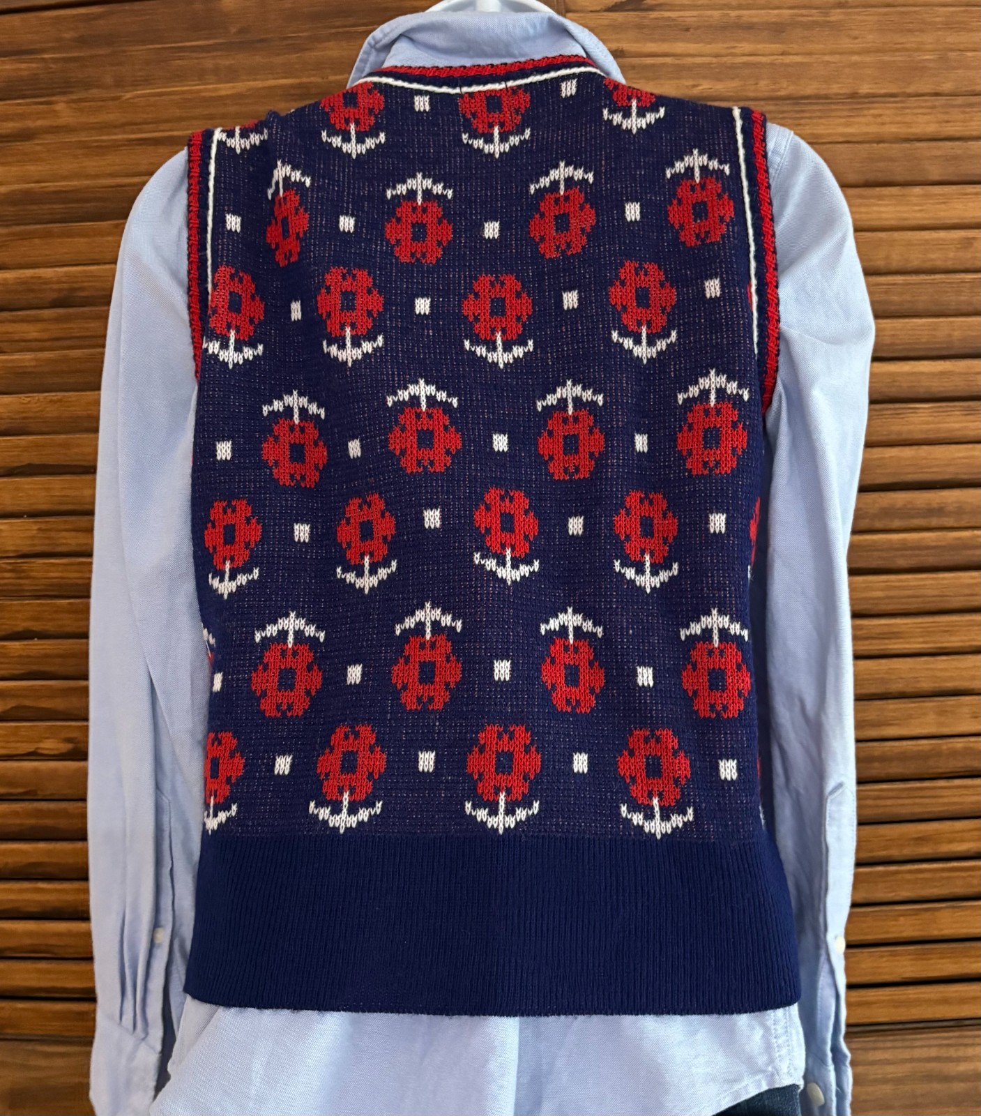 Ship 'n Shore Sweater Vest Women M Vintage 70s Navy Red Floral Daisy