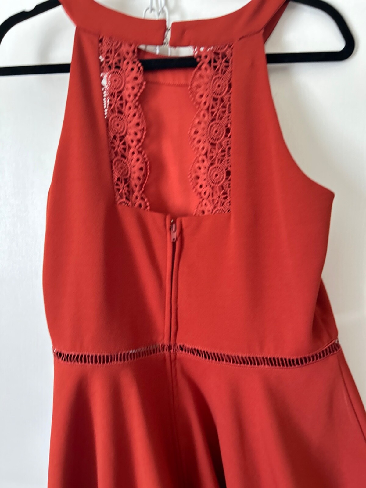 Vintage Francesca’s Dress Sz L copper Rust with lace & crocheted Y2K 90’s Flare