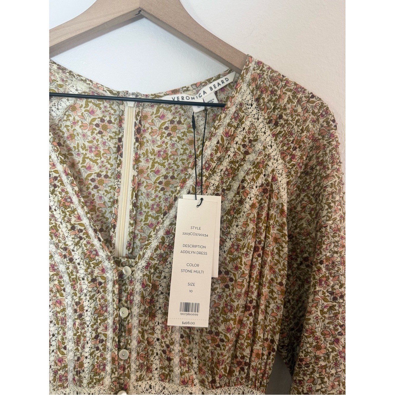 Veronica Beard Addilyn Floral cotton peasant dress with lace trim