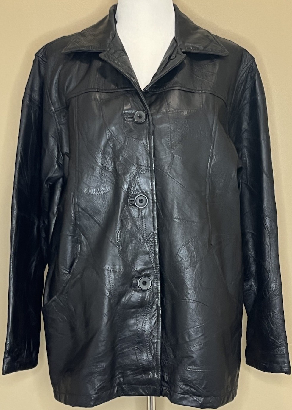 Vtg Y2K Black Patchwork Leather Jacket Sz L Tudor Court by Haband Pockets