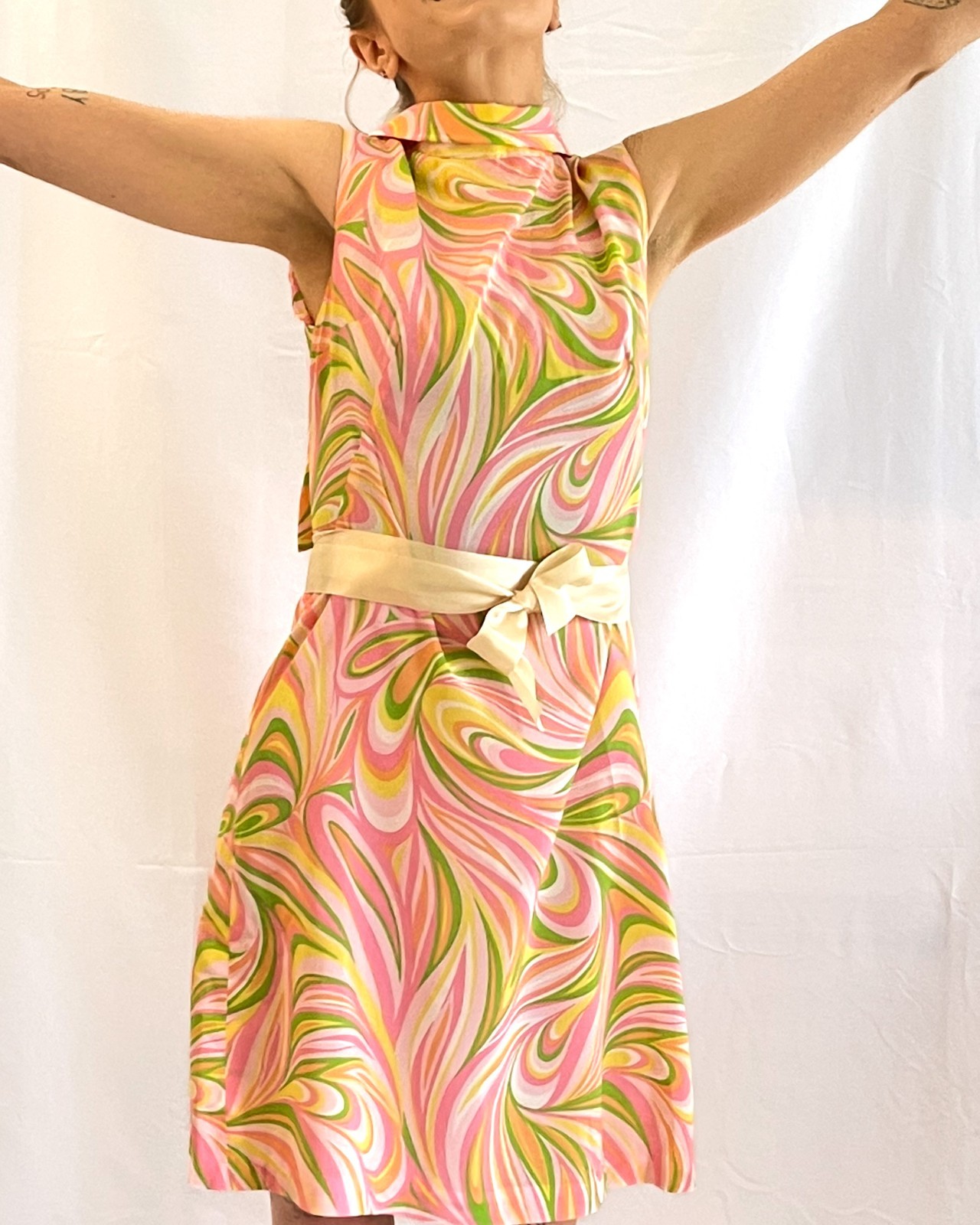 1960s Homemade Mod A-Line Midi Dress Psychedelic Print Tie-Back Collar