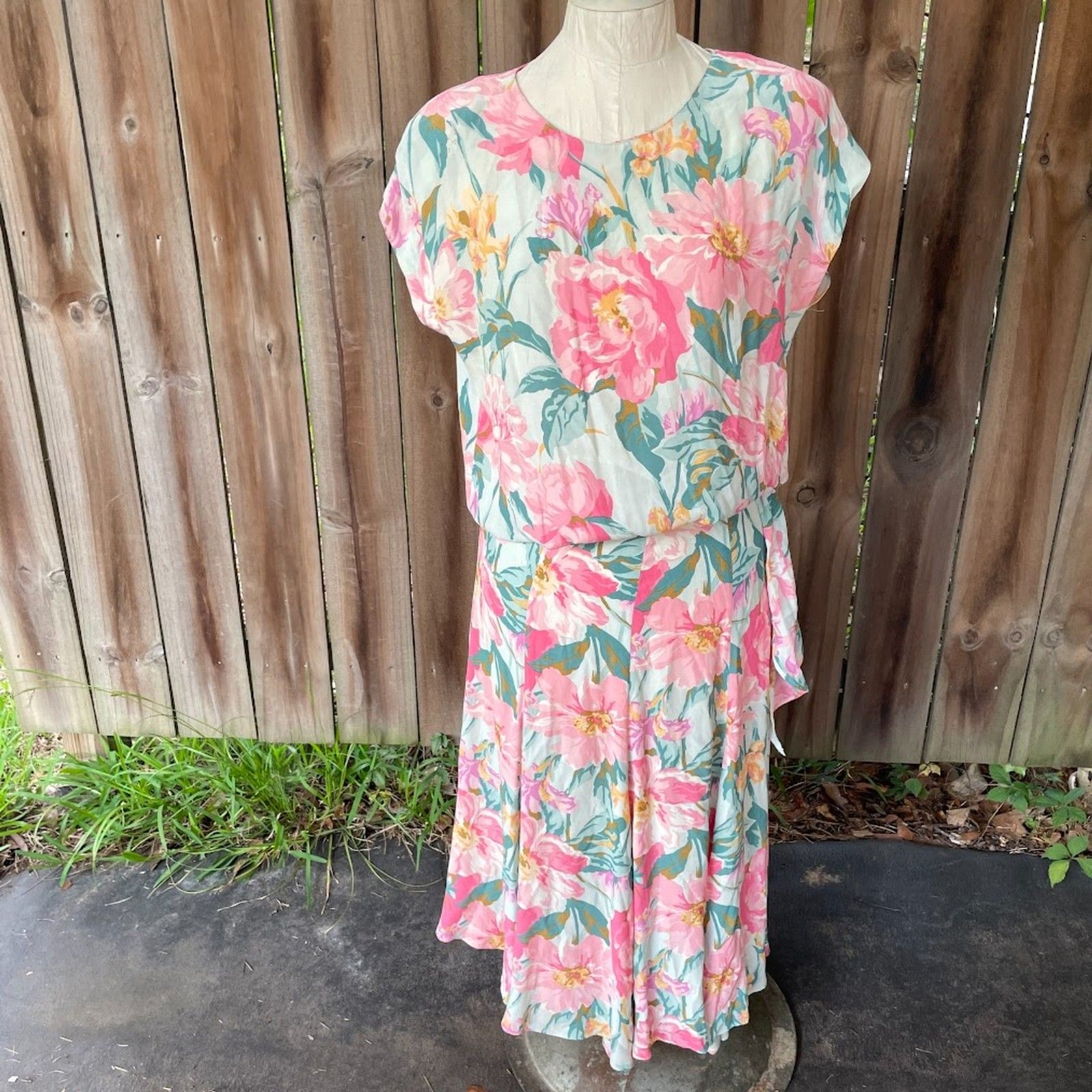Vintage 80s CAROLE LITTLE St Tropez West Floral German Rayon Dropwaist DRESS 4