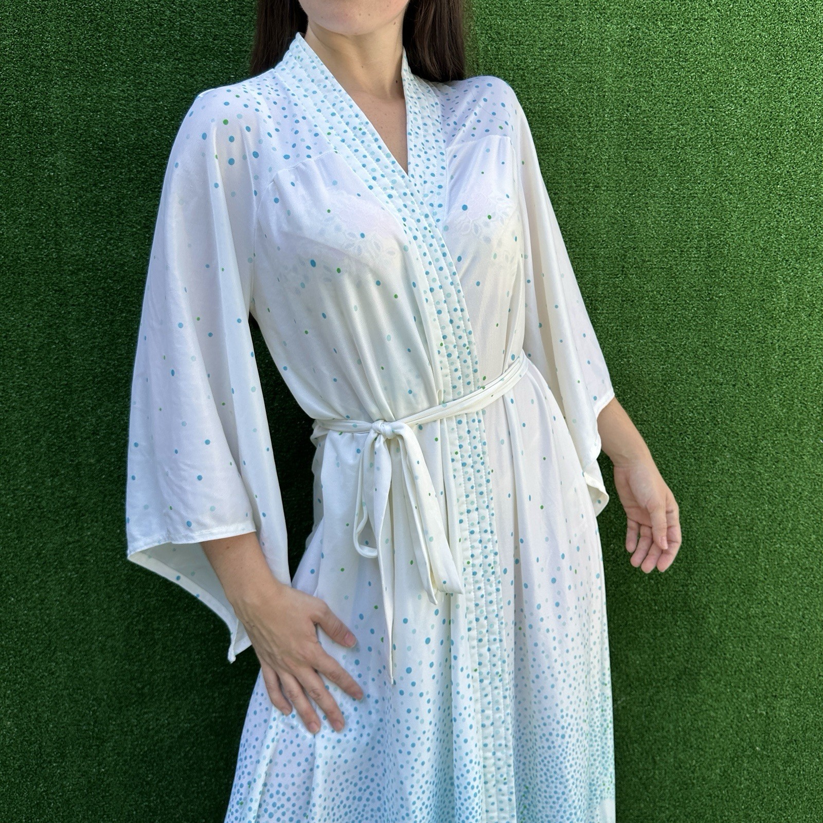 Vintage 70s White Polka Dot Floral Print maxi Robe Sears Size Medium 36