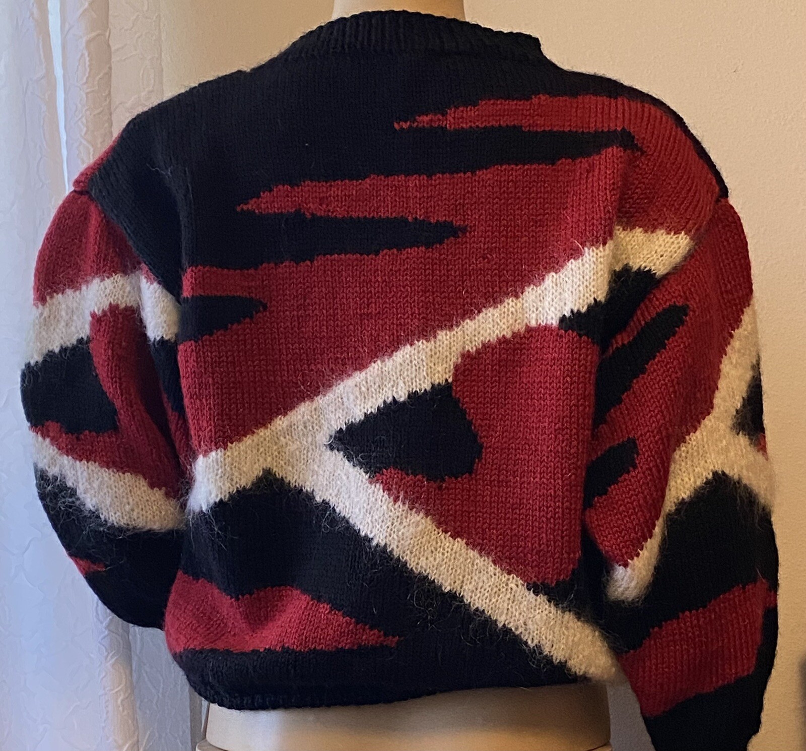 Womens Vtg Sweater Pullover Handmade M Black Red White Geometric Hip Rockabilly