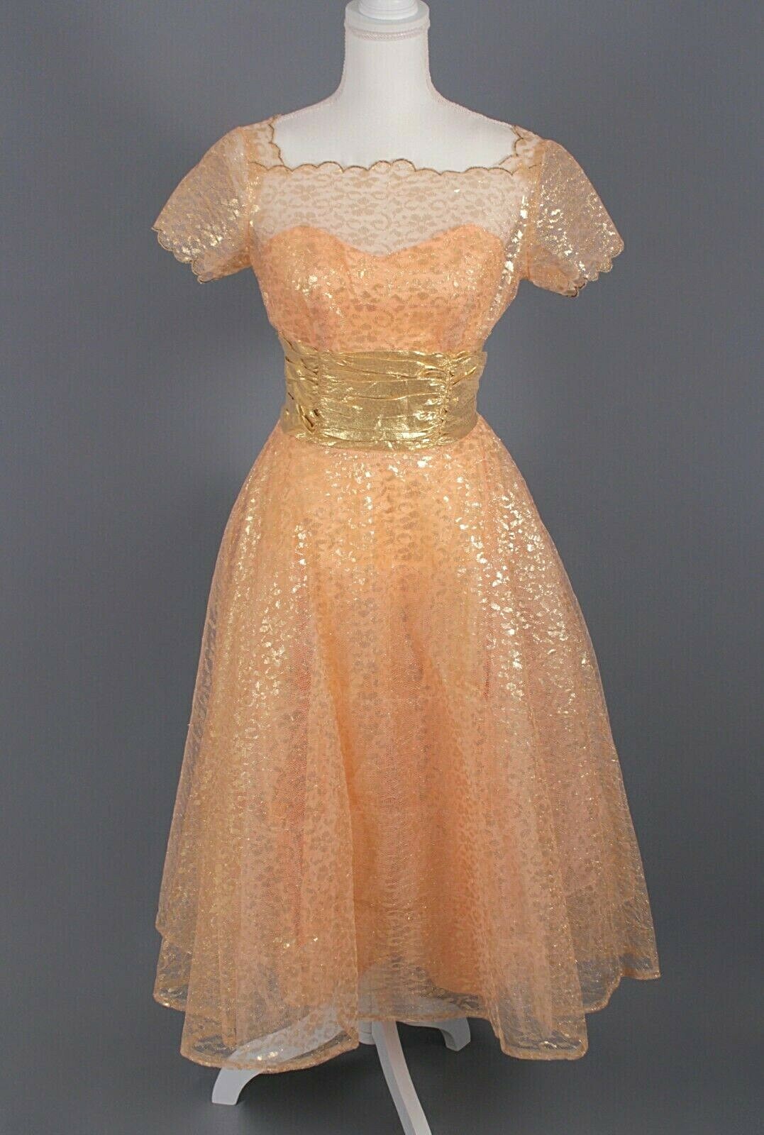 VTG Women’s 50s Beige & Gold Formal Dress Sz S Lace & Tulle Aldens
