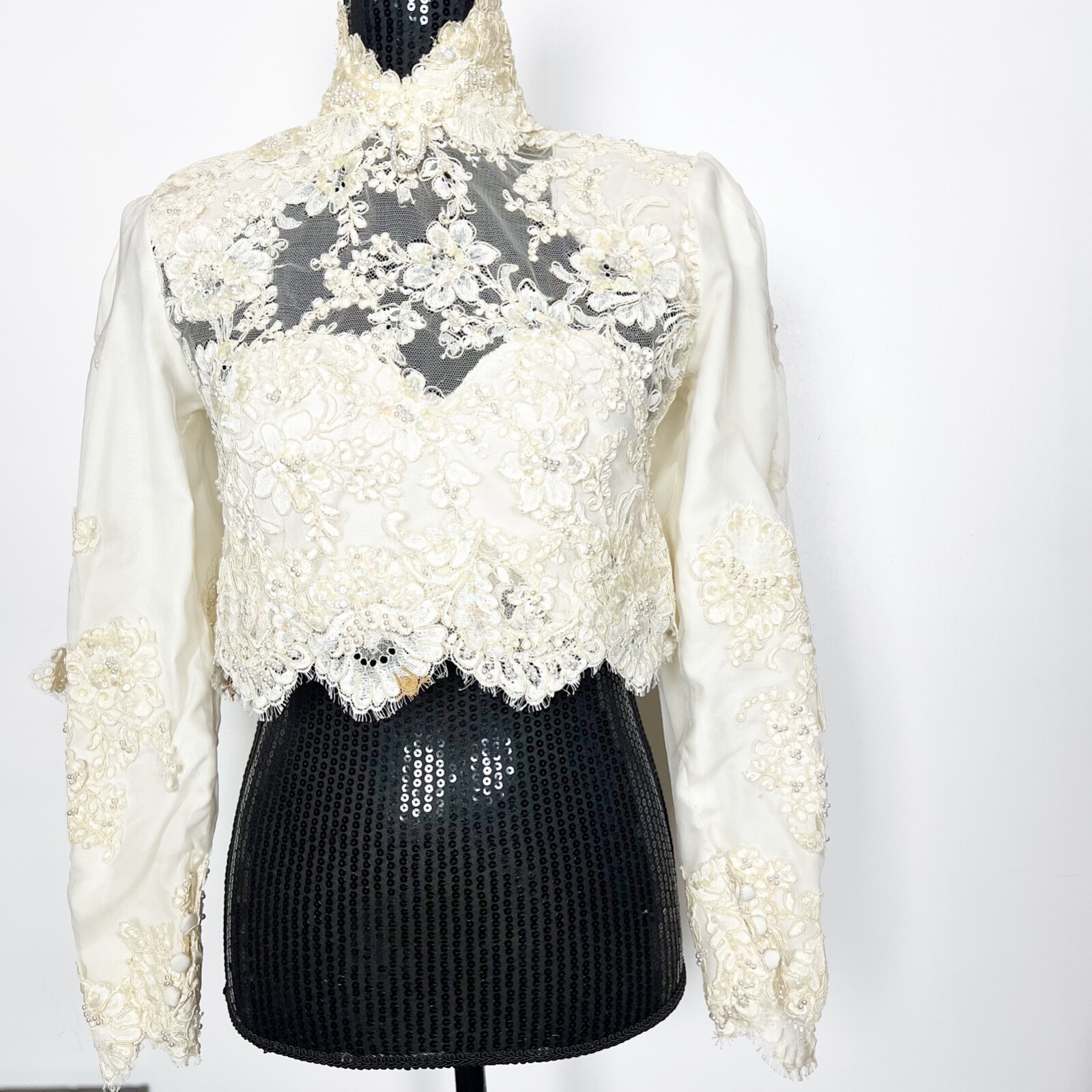 Pamela Caldwell Women Top Silk Lace Pearl Size XS S Ivory Hand made Vintage RARE